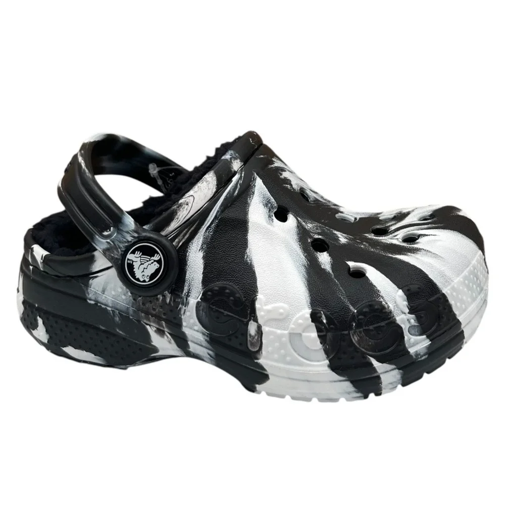 Crocs Toddler Boys Lined Clog Size 8 Black White Marbled Slip-on Cozy Warm Shoes